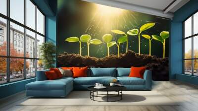 Concept of business growth,profit, development and success. Young plants increase on sunny background.Growing money,finance and investment, Generative AI Wall mural