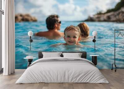 Happy family with little son enjoying time in sea in exotic country, Generative AI Wall mural