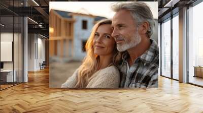 Mature couple looking at their new house under construction, planning future and dreaming, Generative AI Wall mural