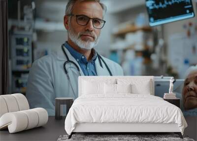 Portrait of handsome male doctor, patient in hospital bed behind. ER doctor examining senior patient, reading her medical test, lab results in, Generative AI Wall mural