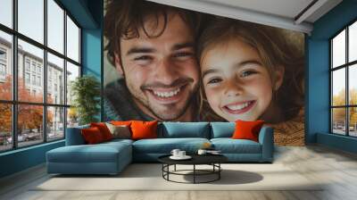 Top view of father with daughter on floor laughing together, having fun, tickling each other. Girls dad. Unconditional paternal love, Father's Day, Generative AI Wall mural