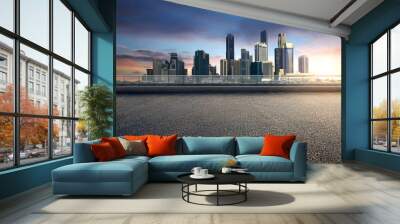 Empty floor platform with sunset view modern city skyline background Wall mural