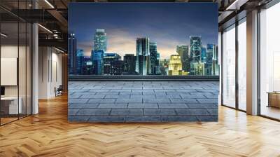 empty marble floor and cityscape night scene Wall mural