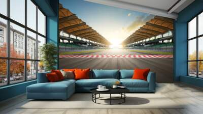 Evening scene asphalt international race track with starting or end line. 3D Rendering Wall mural