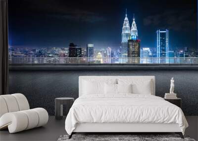 Kuala lumpur urban cityscape skyline night scene with empty asphalt floor on front. Wall mural