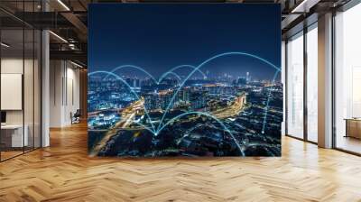 Network connection technology concept with cityscape. Wall mural