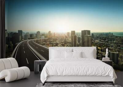 Panorama aerial view and Highway overpass with beautiful city background. Wall mural