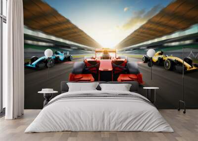 race car racing on speed track, car race on asphalt road race track crossing start and finish line w Wall mural