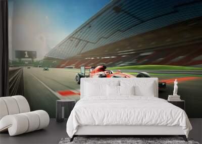 Race driver pass the finishing point and motion blur background during sunrise. 3D rendering Wall mural