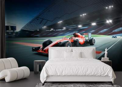 Race driver pass the finishing point and motion blur background. 3D rendering Wall mural