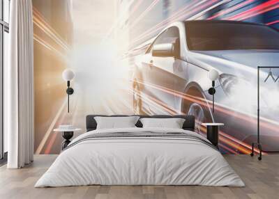 Silver race car with sunlight background. 3D rendering and mixed media composition. Wall mural