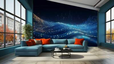 Data technology futuristic illustration. Blue wave pattern on a dark background.  Wall mural