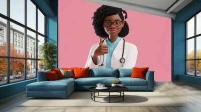 3d rendering. Black woman doctor shows thumb up. Like gesture. Therapist cartoon character, healthcare professional, isolated on pink background. Medical, Generative AI  Wall mural