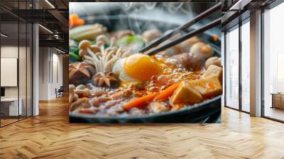 Steaming Bowl of Traditional Korean Soup with Vegetables Wall mural