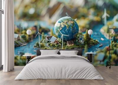 A digital artwork featuring a miniature world with a globe as its central focus. The globe is surrounded by various landscapes and structures. Wall mural