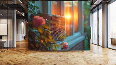 A window with sunlight shining through, casting warm orange light onto the plants outside. Wall mural