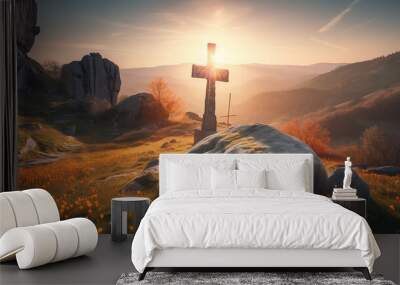 A Easter Cross in a Mountain Sunrise Realistic Orange Sun Light AI Generative Wall mural