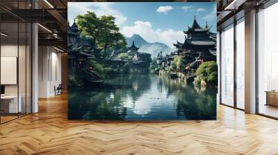 Beautiful Chinese Rural Village Traditional Houses With Mountains and River Landscape Background Wall mural