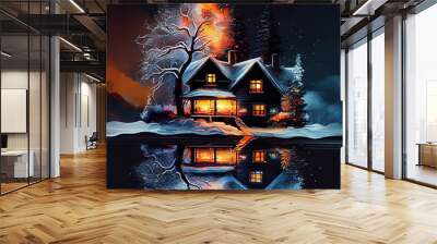 christmas tree river side house in the middle of snowy forest during starry christmas eve night ai g Wall mural