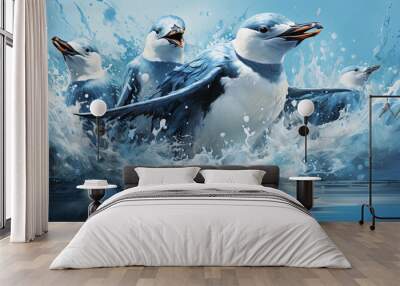 Group of Cute Penguin Birds Playing in Ocean Seascape Blurry Abstract Art Painting Background Wall mural