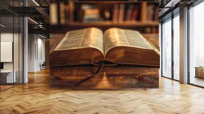 A book is open on a table with a light shining on it Wall mural