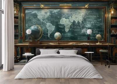 A chalkboard with a globe and a map on it. The room is filled with books and has a vintage feel Wall mural