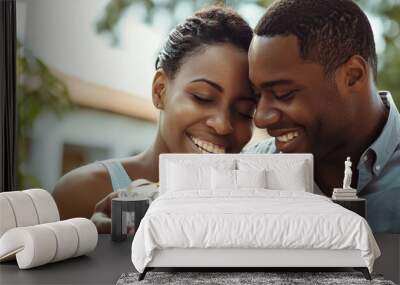 A couple is holding a popcorn box and smiling at the camera. Scene is happy and romantic Wall mural