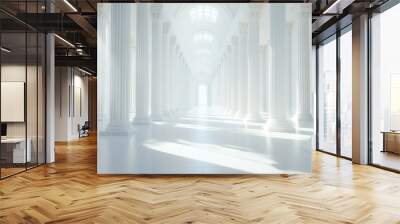 A large, empty room with white pillars and a sunlit atmosphere Wall mural