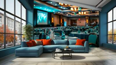 A large banquet hall with tables and chairs set up for a conference Wall mural