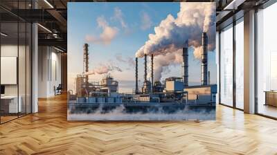 A large industrial plant with smoke billowing out of it. The smoke is thick and dark, and the sky is clear. Scene is somber and ominous Wall mural