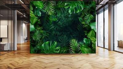 A lush green jungle with a large leafy green plant in the center. The jungle is full of green leaves and plants, creating a vibrant and lively atmosphere Wall mural