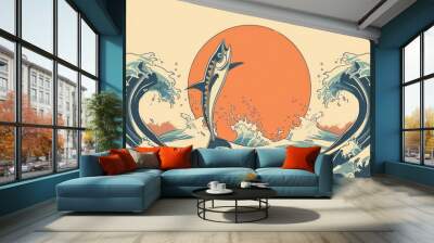 painting of a tuna jumps from ocean wave with sun shining on orange colour background Wall mural