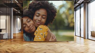 Caring african american mother hugging teenage daughter, enjoy moment of love, motherhood concept, Generative AI  Wall mural