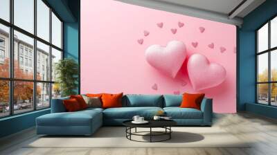 Happy valentine's day and love decoration background concept made from two hearts on pastel pink background, Generative AI Wall mural