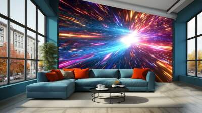 Light speed, hyperspace, space warp background. colorful streaks of light gathering towards the event horizon, Generative AI Wall mural