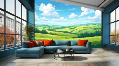 Summer fields, hills landscape, green grass, blue sky with clouds, flat style cartoon painting illustration, Generative AI Wall mural