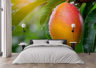 Ripe delicious mango growing on a tree, close-up Wall mural