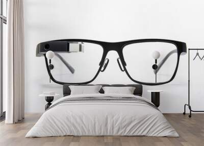 smart glasses with a camera and screen on the front, with a matte black frame against a white background Wall mural