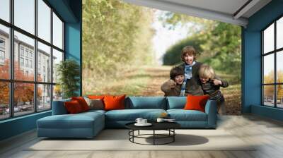 Three boys walking on country lane Wall mural