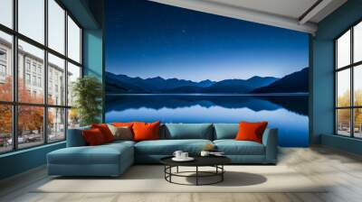 Starry night sky over a calm lake, reflection, mountains in the distance, minimalist, serene Wall mural