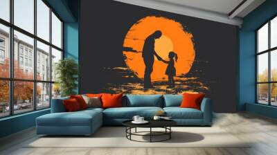 symbol of a father and daughter playing in silhouettes with an orange sun in the backdrop Wall mural