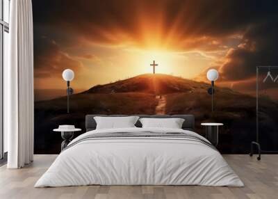 The cross of God in the rays of the sun. Cross on the hill. Religious concept.  Wall mural