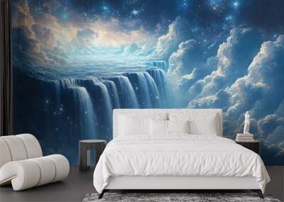 Whimsical Painting of Upward Waterfalls: Cascading Streams Transforming into Stars Weaving Through Clouds Wall mural