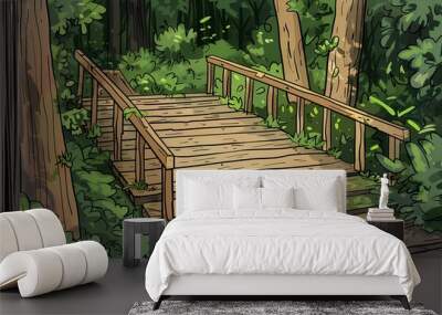 Wooden bridge, Illustration, cartoon background Wall mural