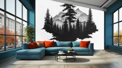 A black and white minimalist drawing of a mountain range with a tall pine tree in the center, reflected in a body of water. Wall mural