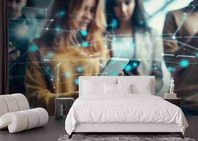 Group of people using smartphones with network connection overlay. Wall mural