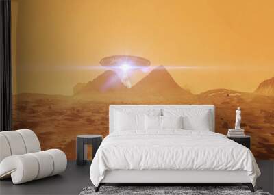 ufo alien spacecraft on mars planet,sci fi concept,4k, red planet view landscape, 2024 Wall mural