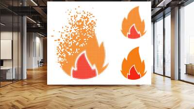 Decomposed pixelated fire icon with wind effect, and halftone vector image. Pixelated erosion effect for fire reproduces speed and movement of cyberspace things. Wall mural