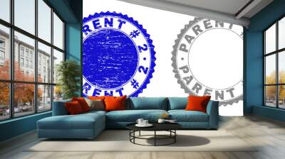 Grunge PARENT # 2 stamp seals isolated on a white background. Rosette seals with grunge texture in blue and gray colors. Vector rubber stamp imprint of PARENT # 2 caption inside round rosette. Wall mural