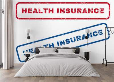 Health Insurance text rubber seal stamp watermarks. Vector style is blue and red ink caption inside rounded rectangular shape. Grunge design and unclean texture. Blue and red signs. Wall mural